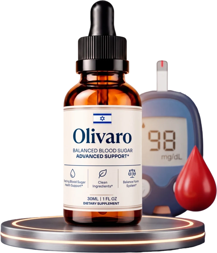 Olivaro liquid drops 30 mL dropper bottle next to a glucose meter